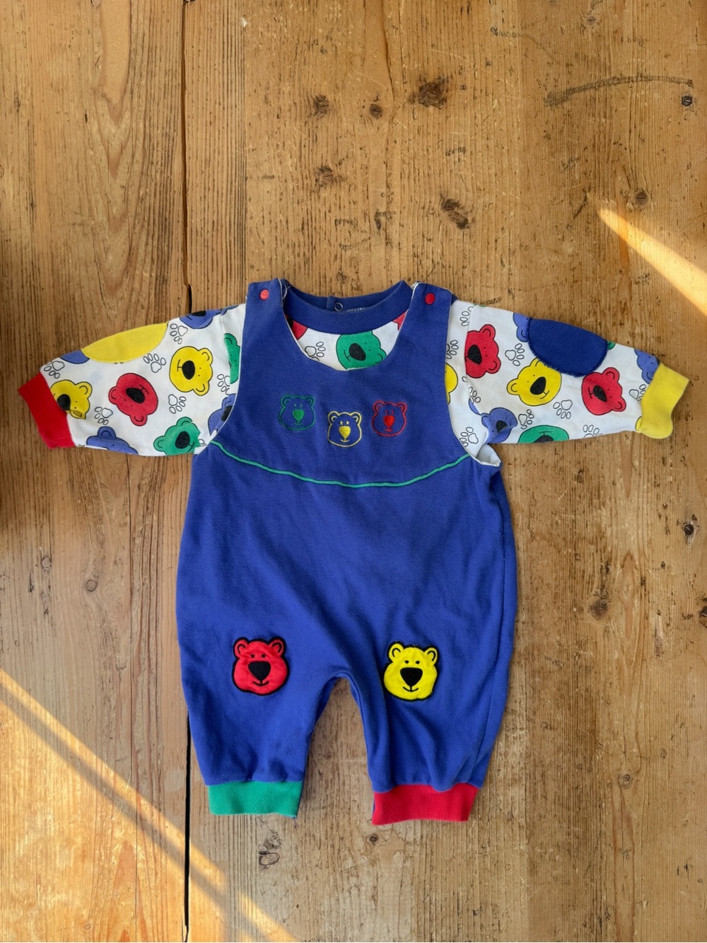 Blue Bear Appliqué Baby Romper with Multicolor Bear Print Shirt